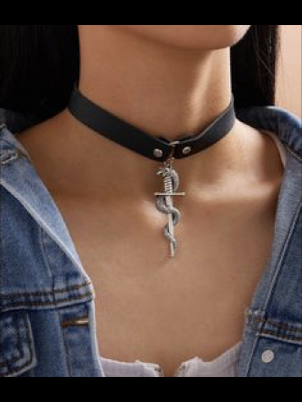 Black Choker Necklace with Silver Snake Pendant